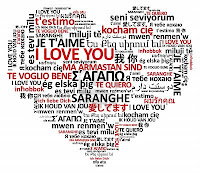 Geart shape made of the word love in many languages