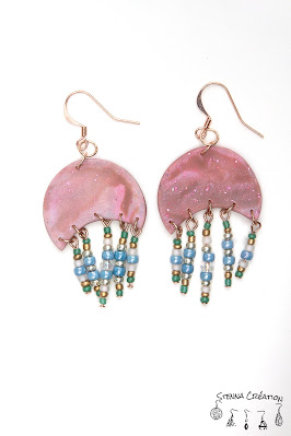 Boucles oreilles pâte polymère Mokume Gane Rose Taupe Vert Cernit Fimo Stenna Création