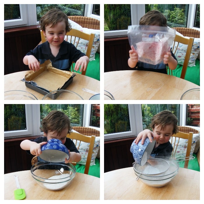 Making Coconut Ice - Step 1 - Lining the tin and preparing the white layer