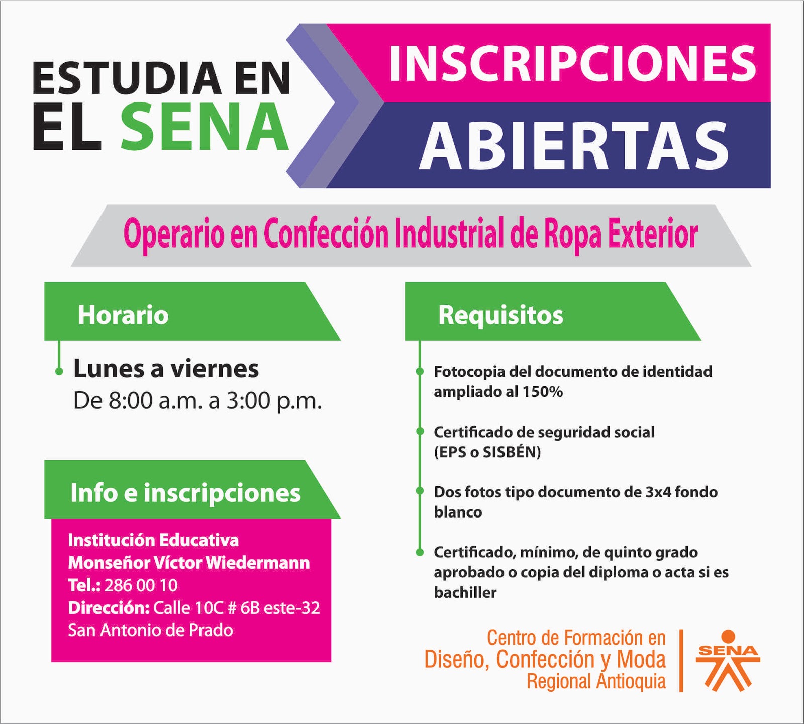 Centro de Formación en Diseño, Confección y Moda - SENA Regional Antioquia:  Inscripciones abiertas para Operario en Confección Industrial de Ropa  Exterior