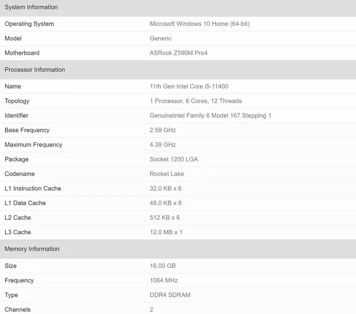 Intel Core i5-11400 - Sistem bilgisi