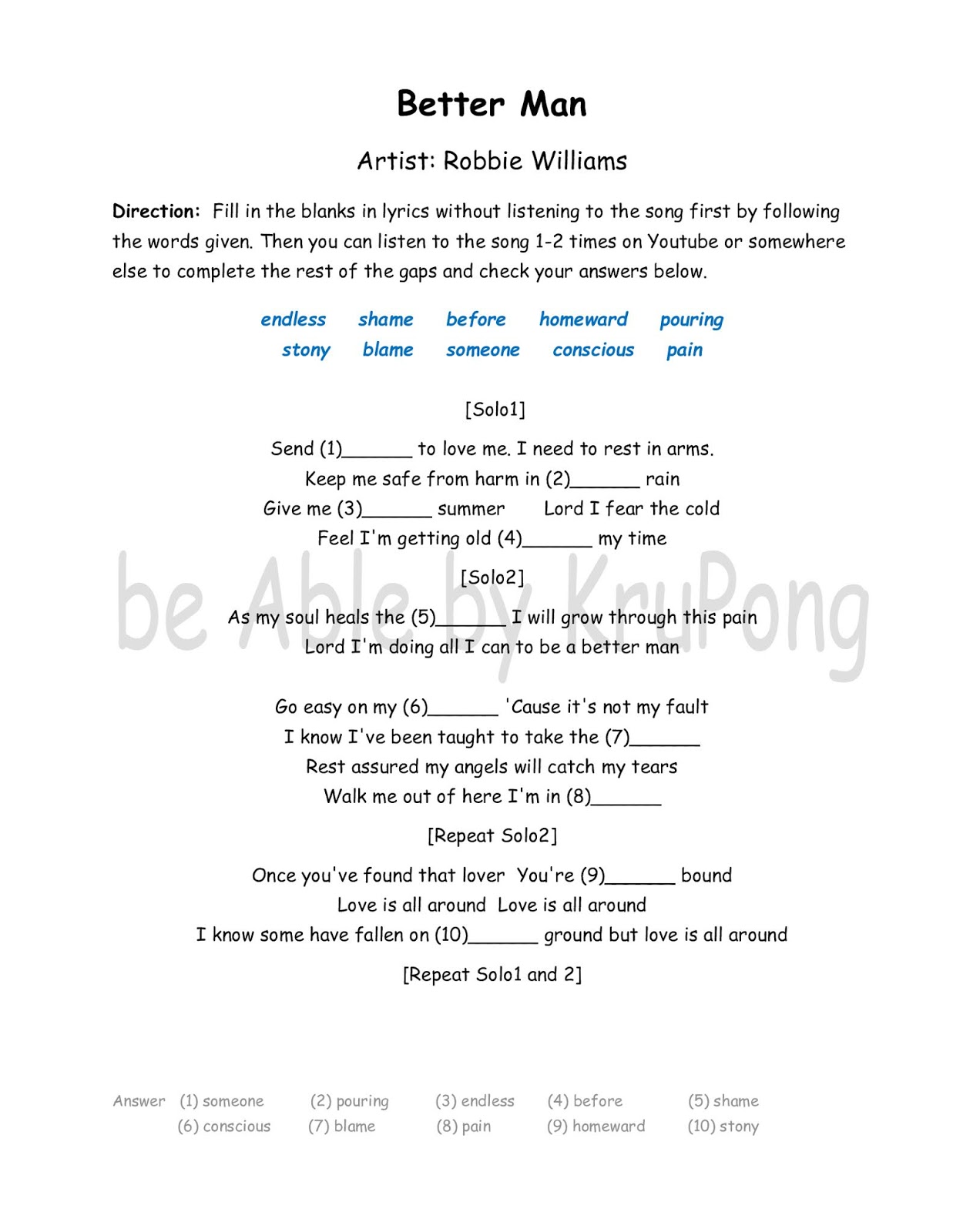 be Able…by ครูโป่ง: Better Man_Lyrics Worksheet
