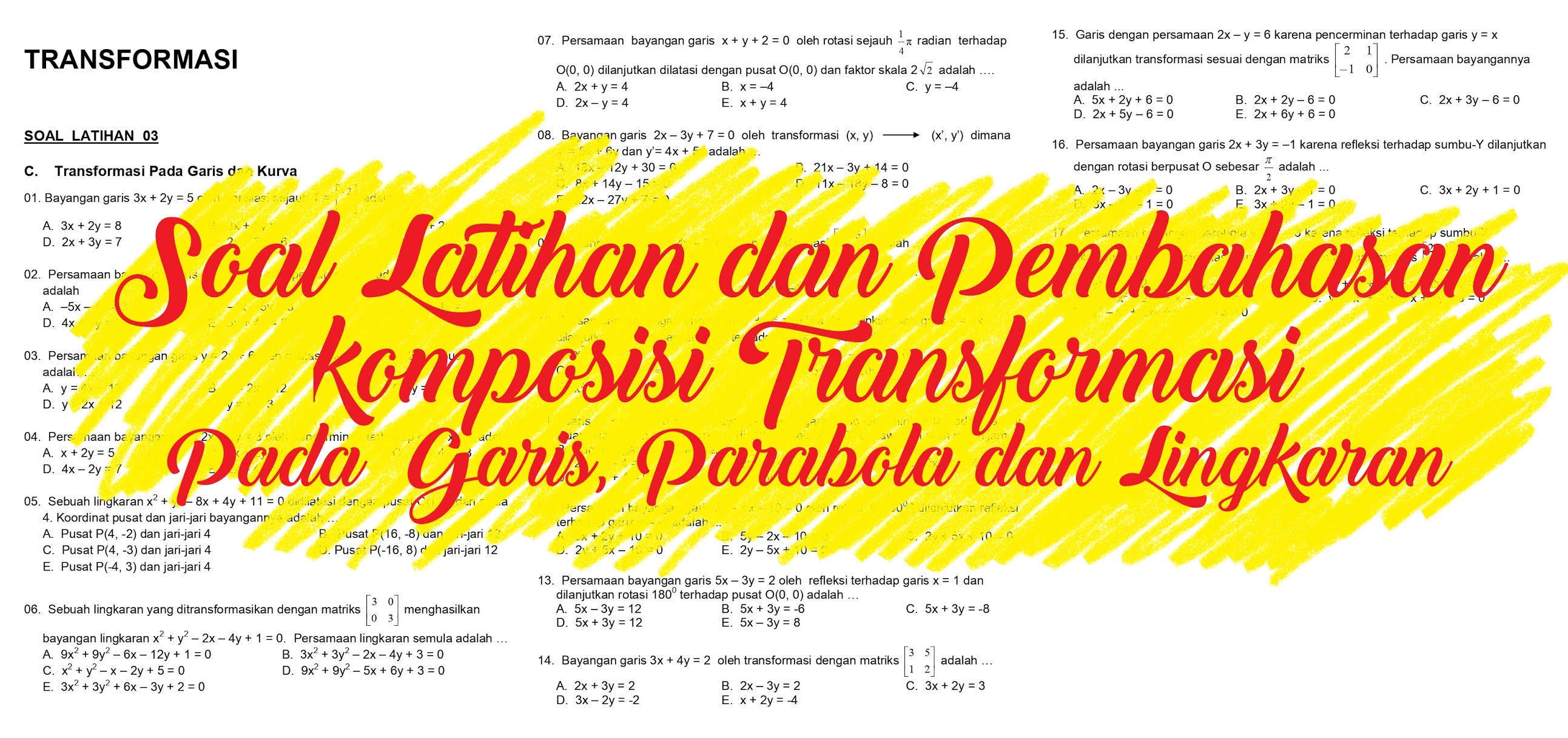 Transformasi Geometri, Soal Latihan dan Pembahasan Komposisi Transformasi Pada Garis, Parabola dan Lingkaran