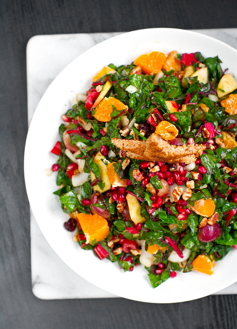 Christmas Tree Salad. Pomegranate. Pecans. Raw Chard. - Vegan Recipe