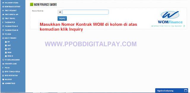 Panduan Transaksi Pembayaran tagihan WOM Finance di PPOB Digital Pay