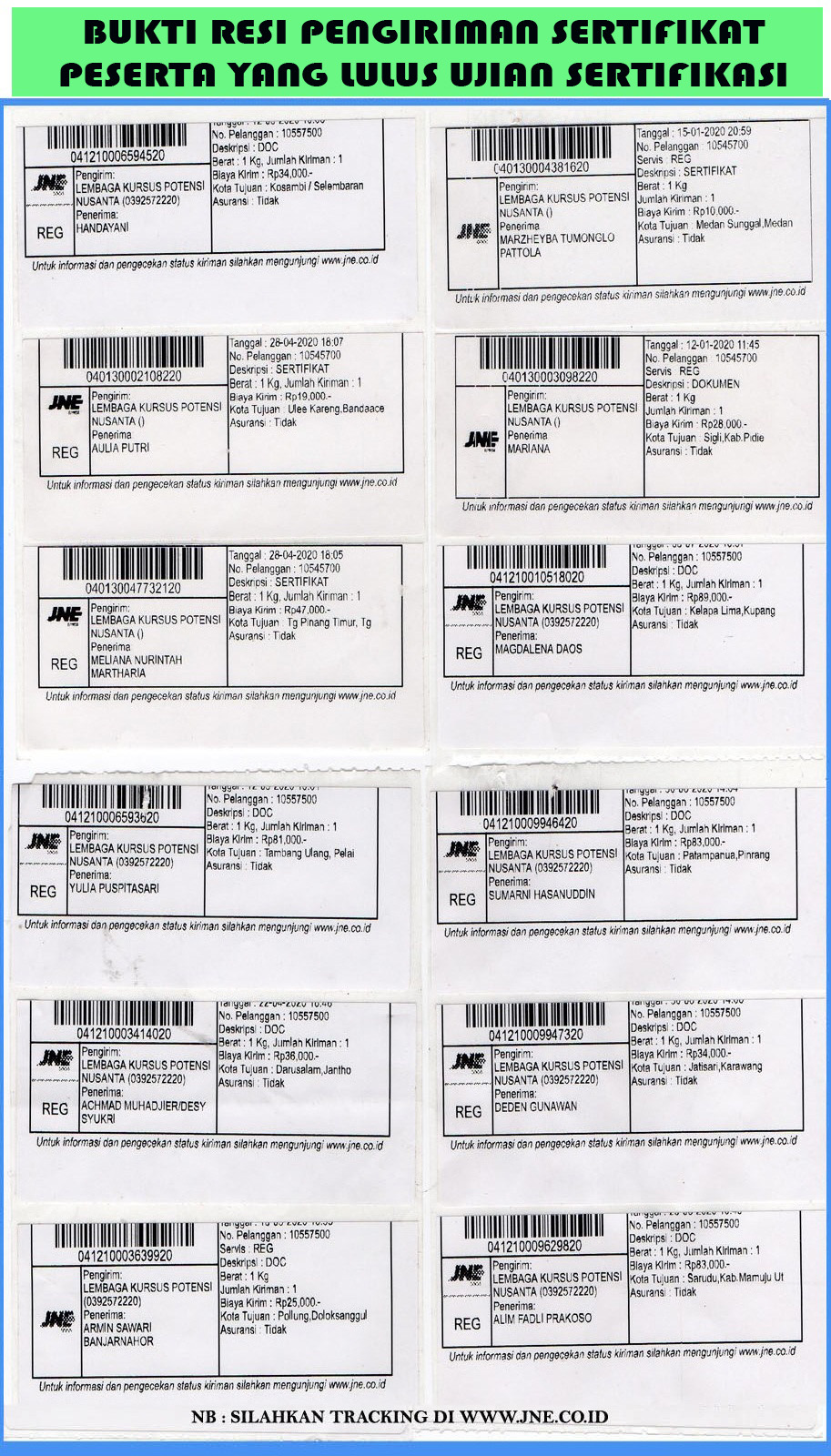 Bukti Resi Pengiriman Sertifikat Peserta yang Lulus Ujian