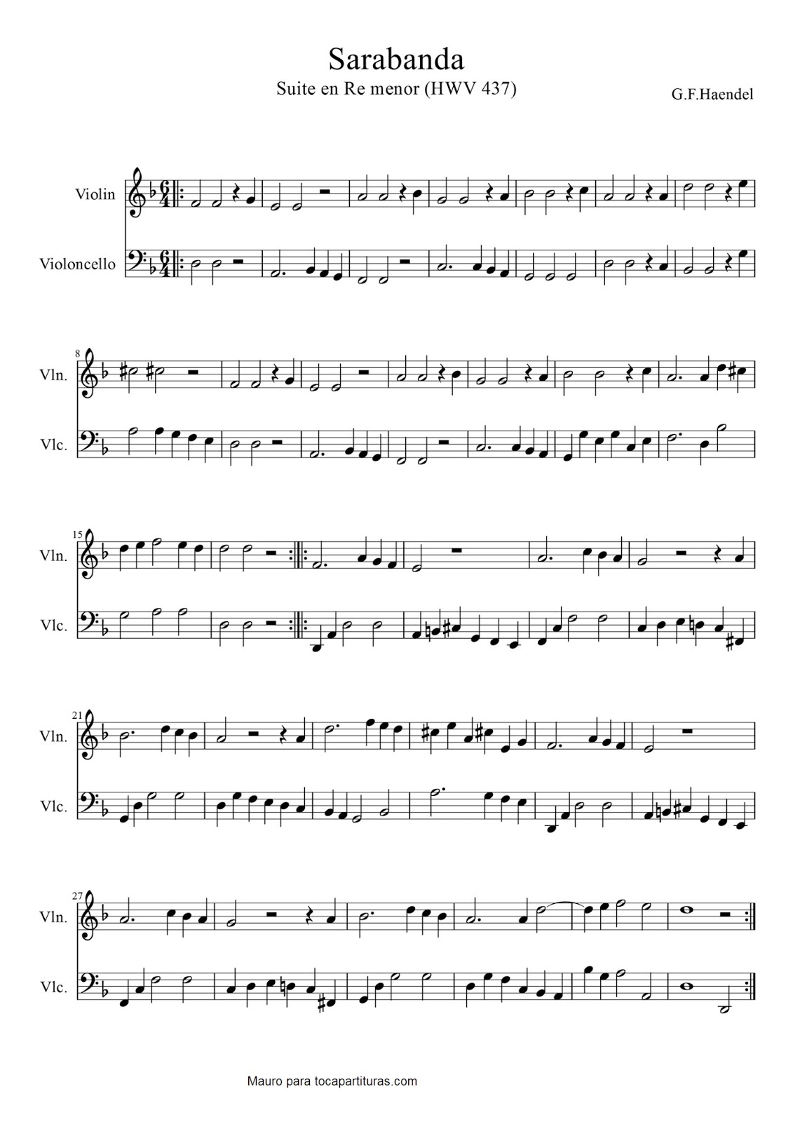 tocapartituras Sarabanda de G.F.Haendel Partitura de Duo para Violin y Violonchelo Partituras tocapartituras Sarabanda de G.F.Haendel Partitura de Duo para Violin y Violonchelo Partituras