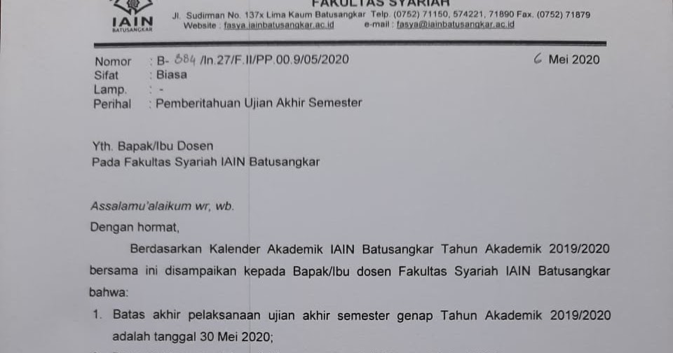 SURAT PEMBERITAHUAN UJIAN AKHIR SEMESTER  FAKULTAS SYARIAH UIN MAHMUD