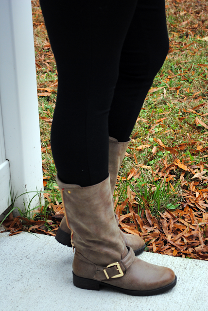 Fall Camo | Truly Yours, A. - An outfit post featuring a camo t-shirt, denim shirt, black pants and brown moto boots.