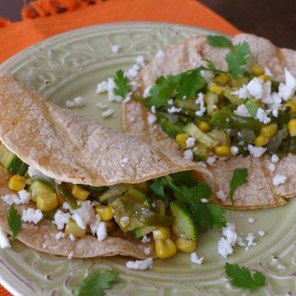 Roasted Poblano, Corn and Squash Tacos with Queso Fresco