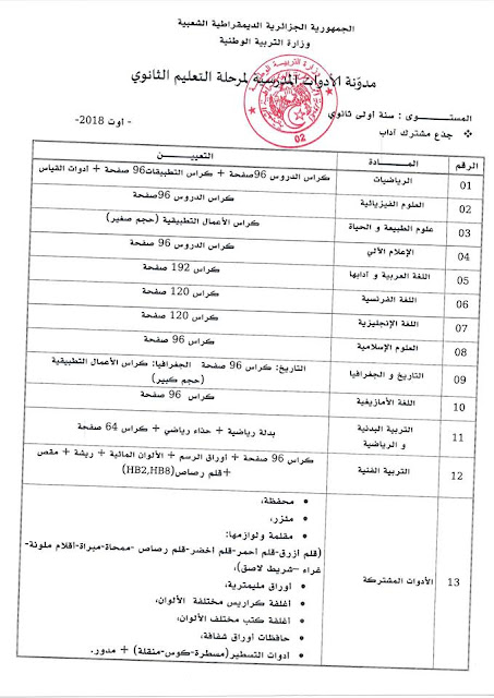 قائمة الادوات المدرسية للسنة الاولى ثانوي جذع مشترك آداب