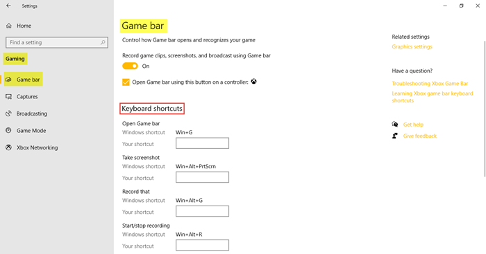 Paramètres de jeu dans Windows 10