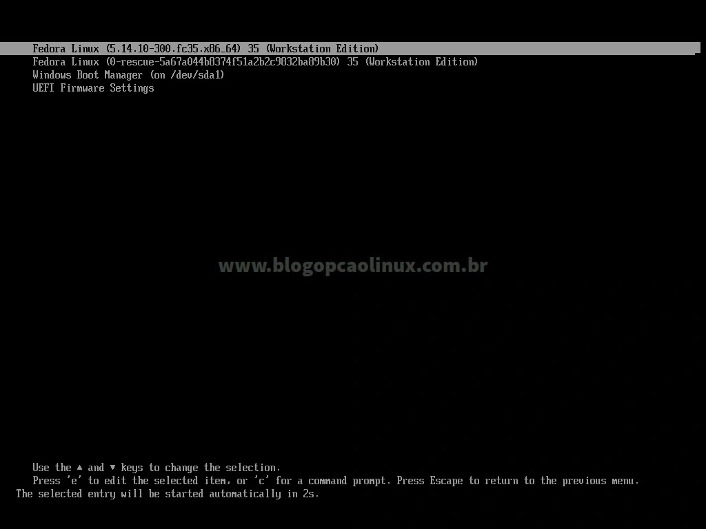 Tela do GRUB exibindo o Fedora 35 recém-instalado e o Windows