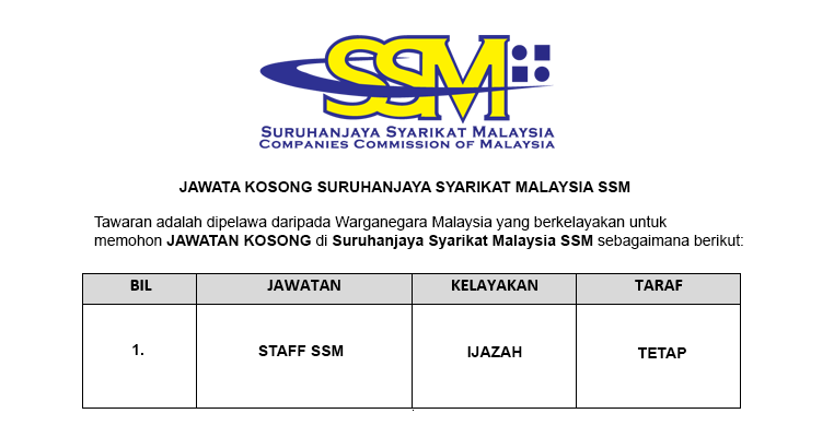 Suruhanjaya Syarikat Malaysia Ssm Jawatan Kosong Dibuka Jobcari Com Jawatan Kosong Terkini