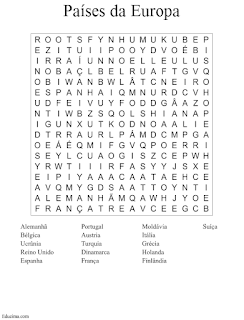 sopa de letras países da europa