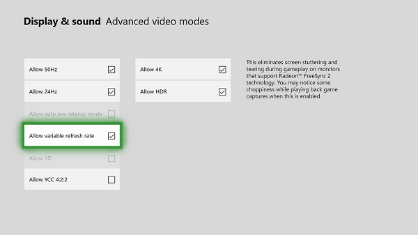 Habilitar frecuencia de actualización variable en Xbox One