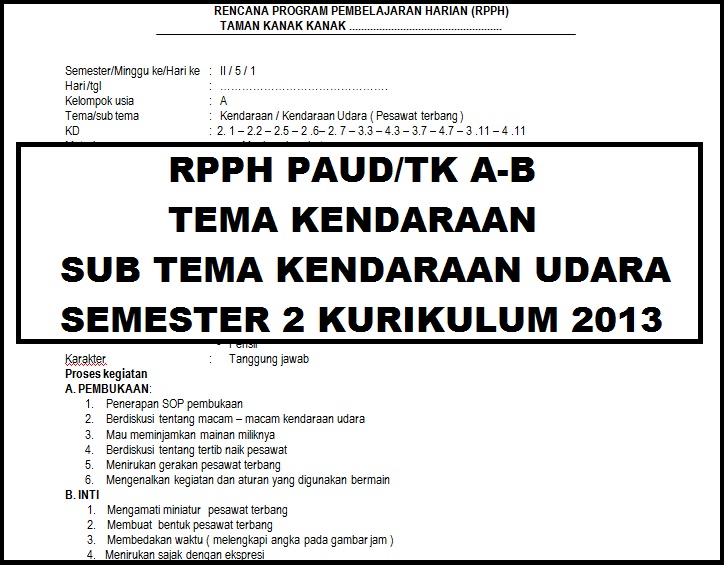 RPPH PAUD/TK Tema Kendaraan Minggu Ke 5 Sub Tema Kendaraan