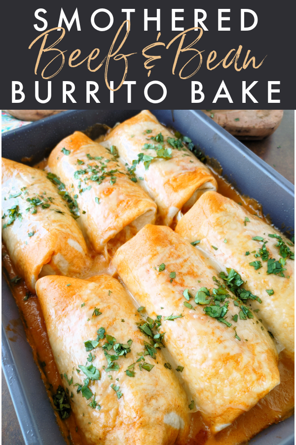 Smothered Beef & Bean Burrito Bake! An easy Mexican-inspired casserole recipe made from flour tortillas stuffed with ground beef, cheese and refried beans smothered in a savory queso sauce that comes together right in the oven.