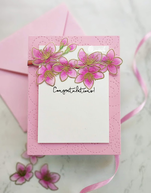 Blog hop, Video Tutorial, Pretty Pink Posh, floral card, vellum, heat embossing, pretty pink posh cherry blossoms stamp set, Simon says stamp stitched whirl die, coloring vellum flowers, vellum card, vellum flowers, spring card, quillish,  carfty giveaway,