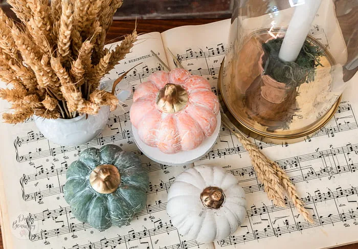 dollar store white washed pumpkins with ironstone and wheat