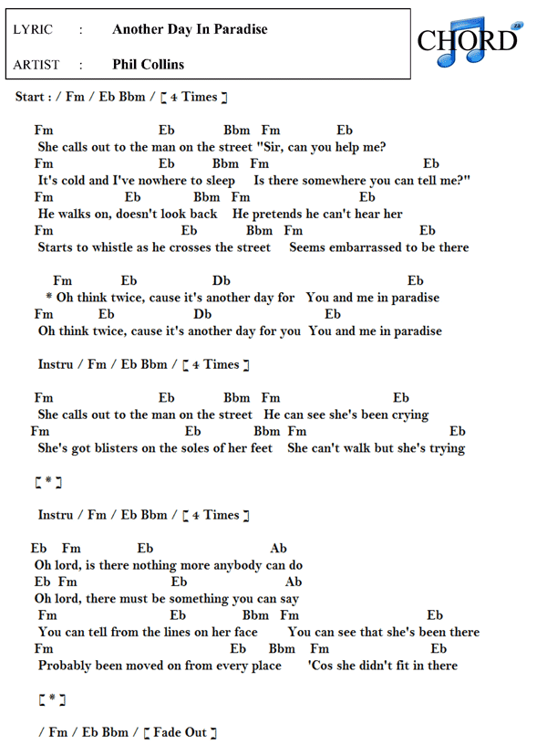 คอร์ด เนื้อเพลง Another Day In Paradise Phil Collins Chordza คอร์ดเพลง คอร์ดกีต้าร์ เนื้อเพลง คอร์ด เนื้อเพลง Another Day In Paradise Phil Collins Chordza คอร์ดเพลง คอร์ดกีต้าร์ เนื้อเพลง