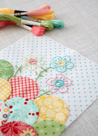Sweet little clamshell block from the Splendid Sampler stitched by Andy of A Bright Corner