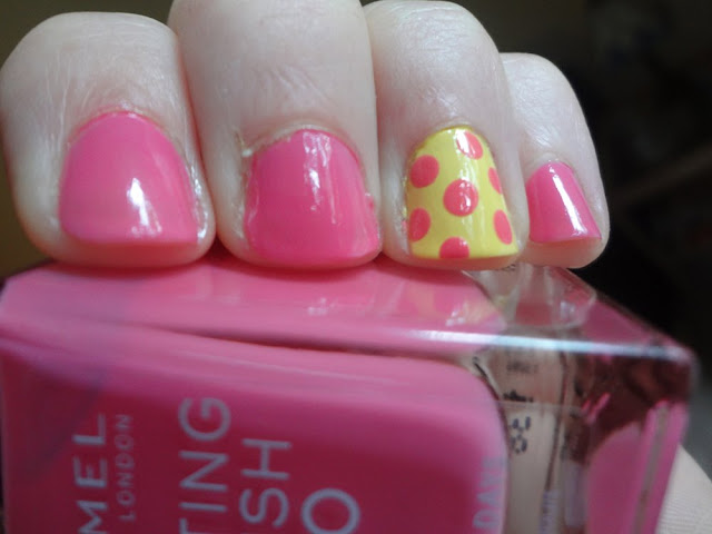 pink and yellow polka dots mani