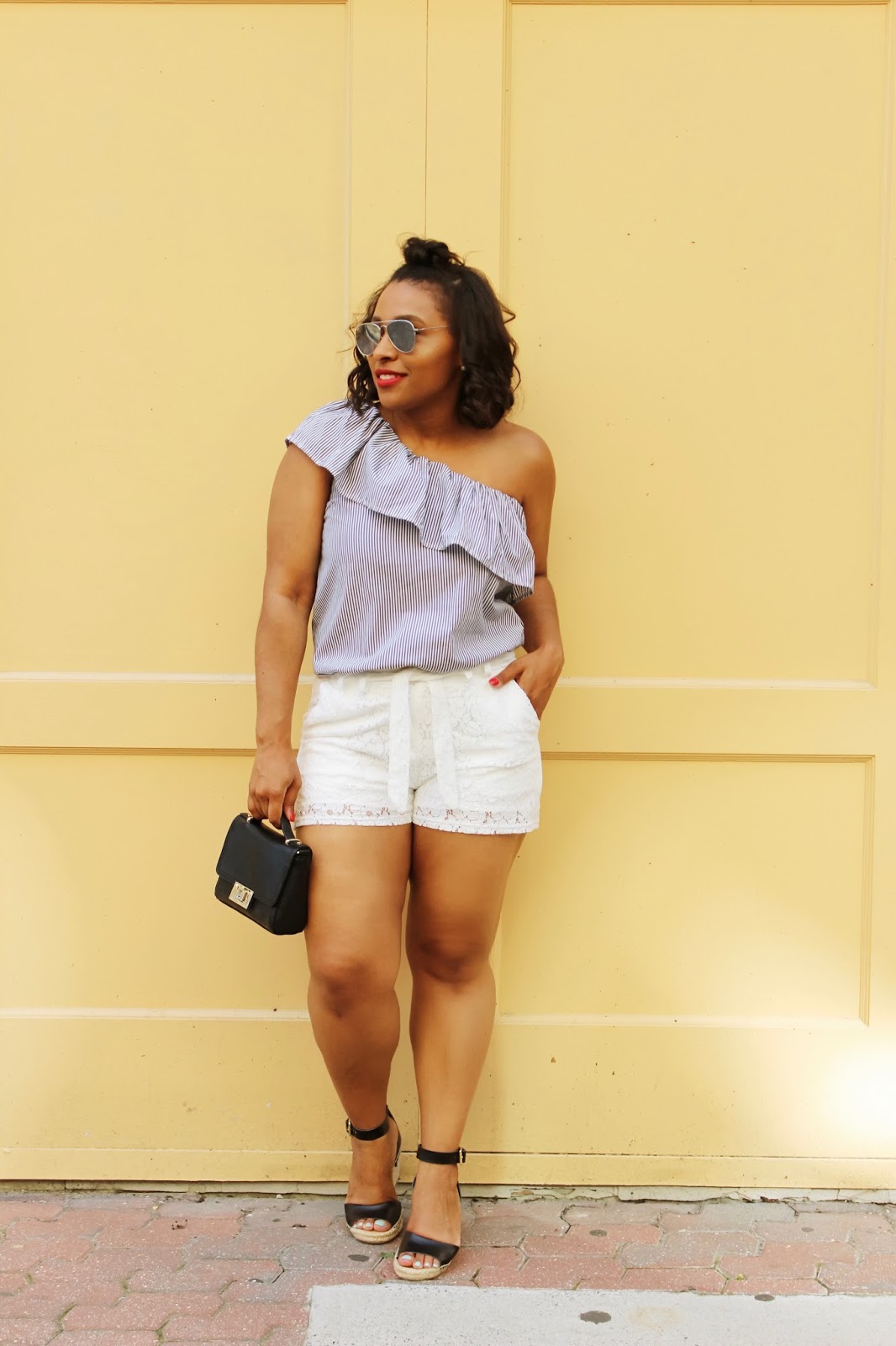 White Lace Shorts, one shoulder trend, summer outfits, white looks, atlantic city board walk, summer outfit ideas, summer shorts, one shoulder top, lace shorts, walking in streets