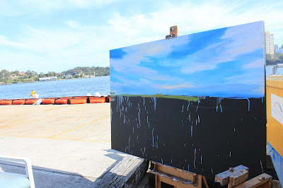 Starting a large plein air painting of Goat Island from Moore's Wharf by artist Jane Bennett