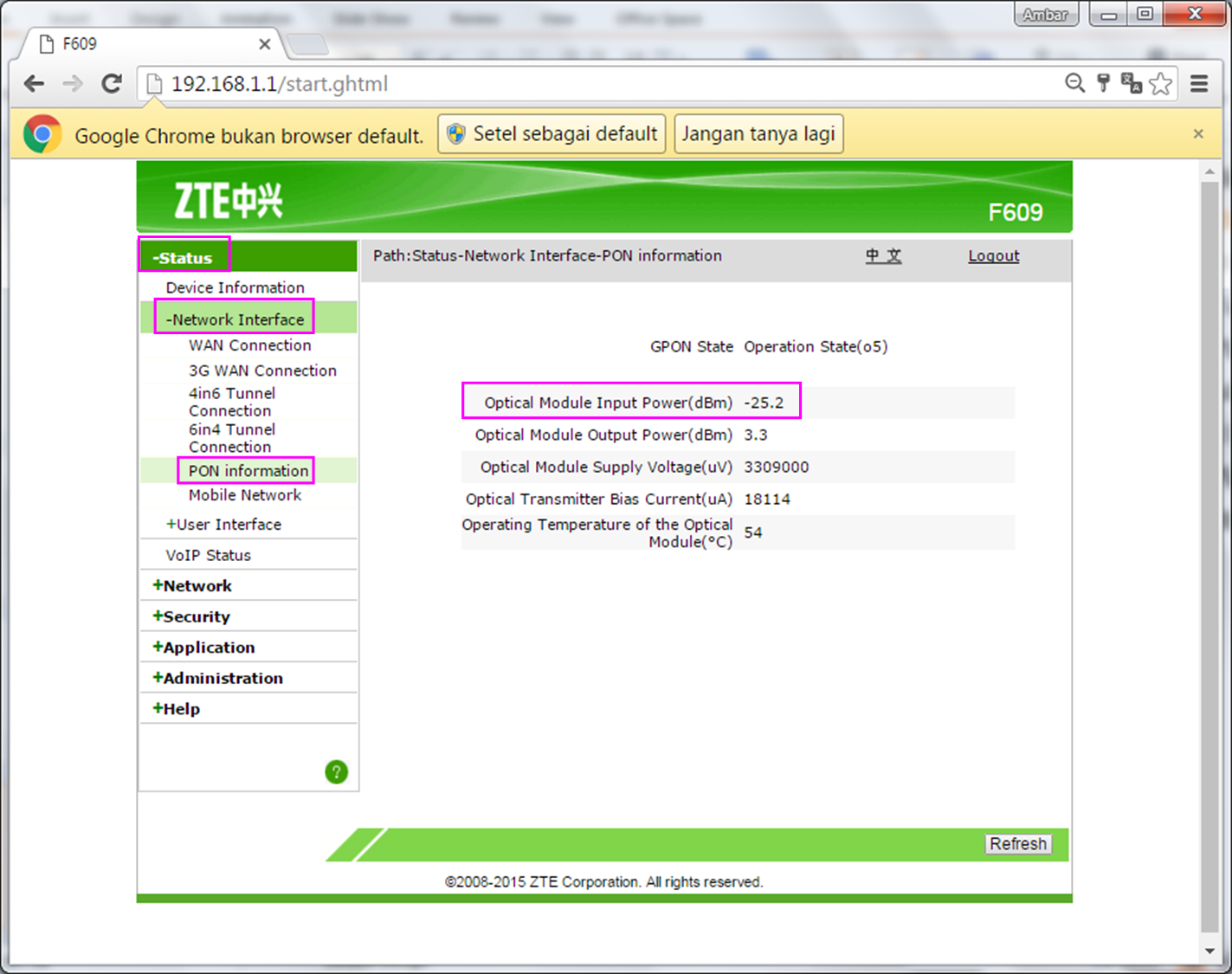 Status Jaringan dan Layanan IndiHome pada ONT ZTE F609 Cara Seting ONT
