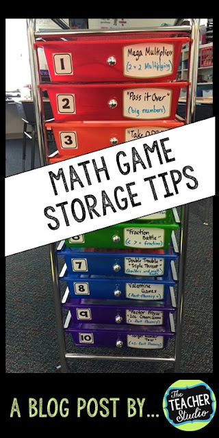 Keeping organized in math workshop is a key part of making math stations or centers work!  This post has tips for keeping math games and math stations organized.  Perfect for grade 2 math, grade 3 math, grade 4 math, grade 5 math. Math game storage