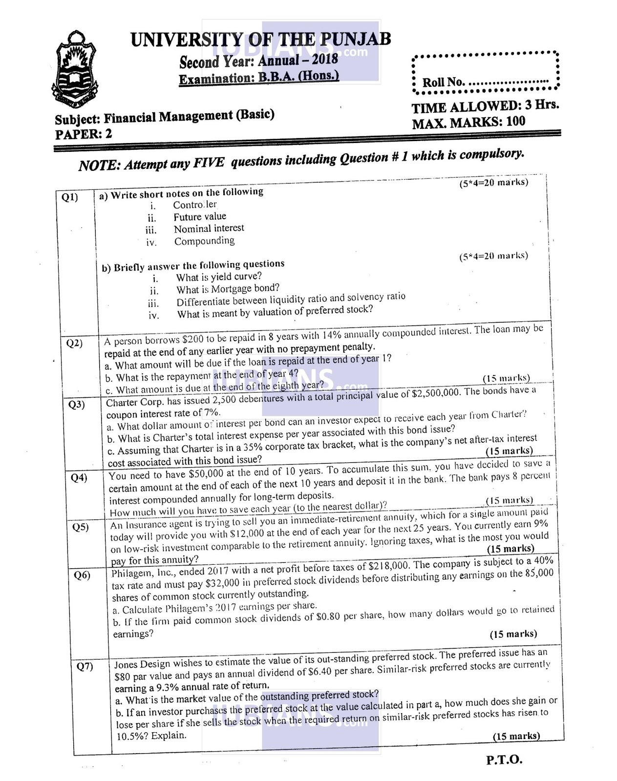 Financial Management (Basic) BBA(Hons) 2nd Year Punjab University (PU) Past Paper 2018 » IUBIANS