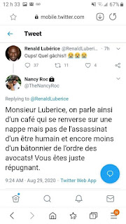Le tweet de Monsieur Ronald Lubérice ainsi que la réaction de la Journaliste Nancy Rock