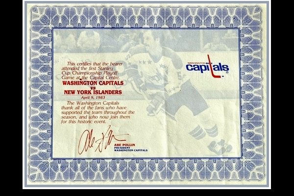 Certificate noting the first home playoff game in Capitals history.