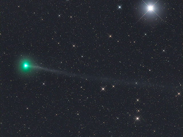 A faint ion trail extends for more than 1° in this photo taken on March 30. Note the comet's flattened coma shape.  North is up and east left. C/2017 E4 passes closest to Earth on March 31 (0.6 a.u.) and closest to the Sun on  April 23 (0.5 a.u.) Image by Gerald Rhemann.