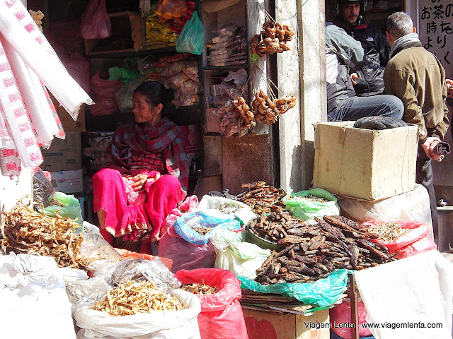 Peixes com moscas à venda em Kathmandu