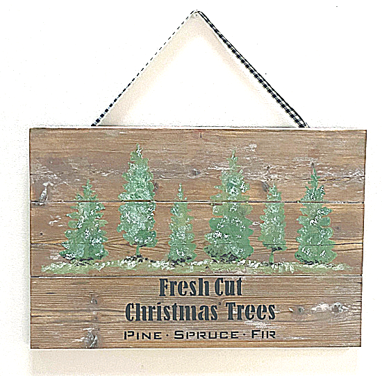 Christmas tree sign on gingham ribbon