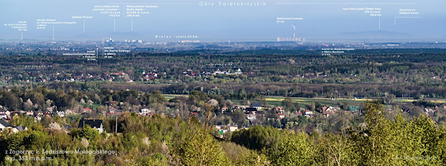 Poranna panorama z widokiem na Mielec i Elektrownię Enea Połaniec z Zagorzyc - na widnokregu Łysica, Swięty Krzyż