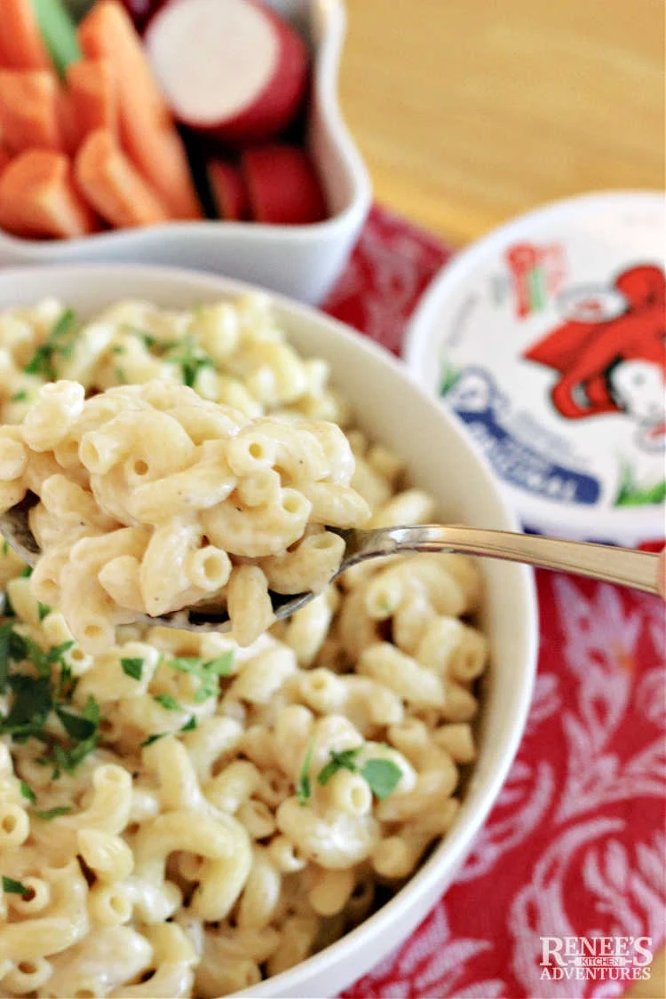 Laughing Cow Mac and Cheese ready to eat on a serving spoon