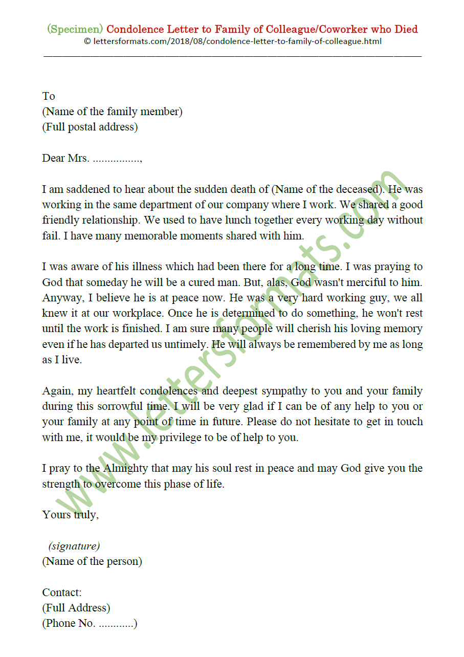 Condolence Letter to Family of Colleague/ Coworker who Died