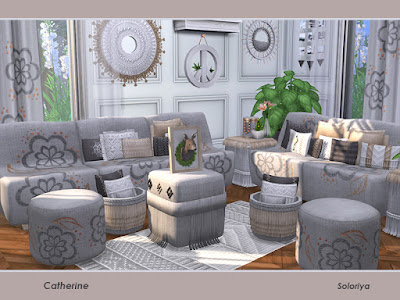 Catherine Гостиная Екатерина для The Sims 4 Набор для ваших жилых комнат. Включает в себя 12 объектов, имеет 3 цветовые палитры. Предметы в наборе: - диванчик, - диван, - четыре вида подушек, - пуф, - два журнальных столика, - два вида штор, - ковер Автор: soloriya