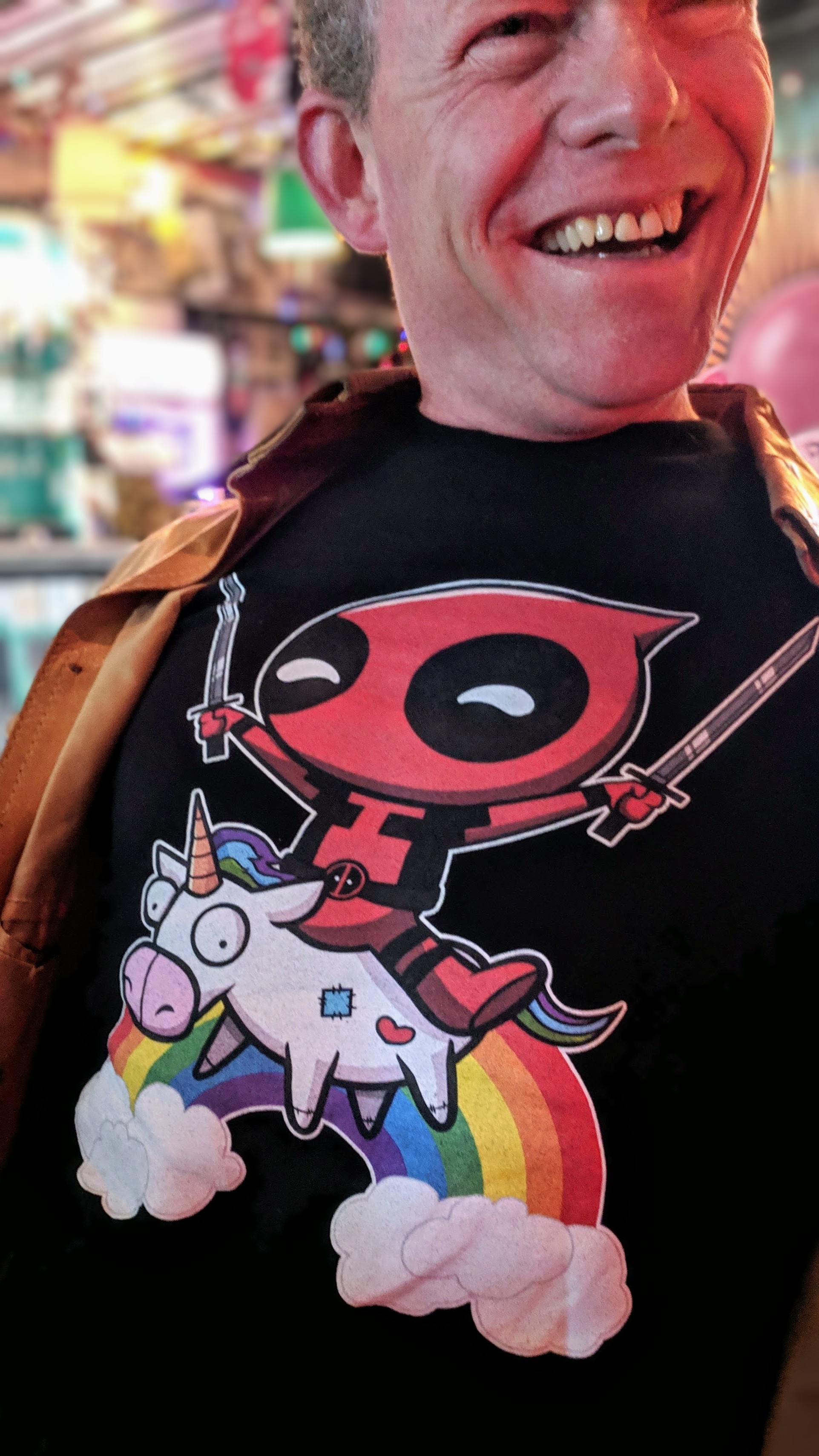 Happy Adam and his Deadpool t-shirt