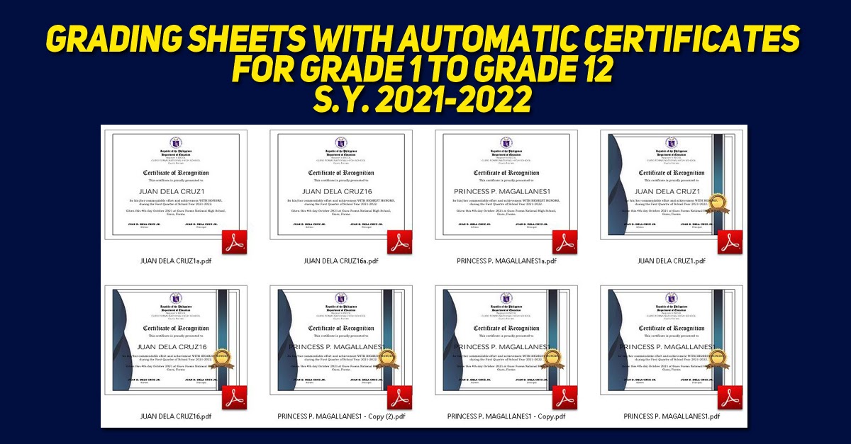 Grading Sheets with Automatic Certificates for Grade 1 to Grade 12 S
