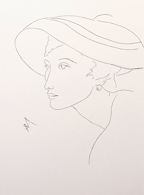 Three-Quarters, Lady in a Hat, line drawing by Sarah Myers