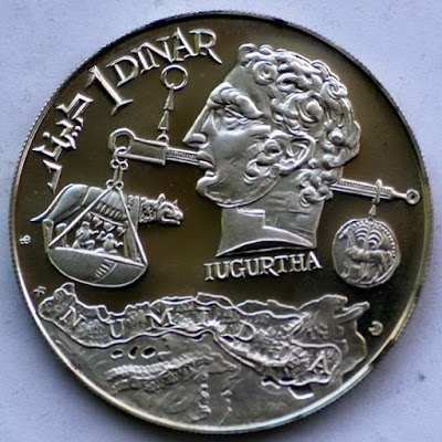 Серебряная монета Туниса 1960 года достоинством 1 динар с профилем Югурты и весами, на которых чаша Рима оказалась тяжелее