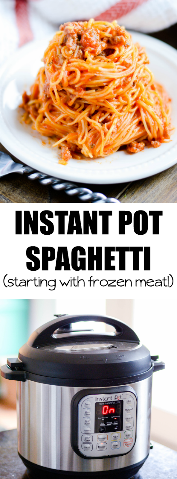 This instant pot spaghetti comes together quickly in one pot, from browning FROZEN ground meat to boiling the noodles. A great weeknight dinner recipe to keep in your back pocket!