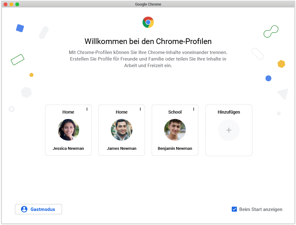 Ein Screenshots der Einrichtung von Chrome Profilen