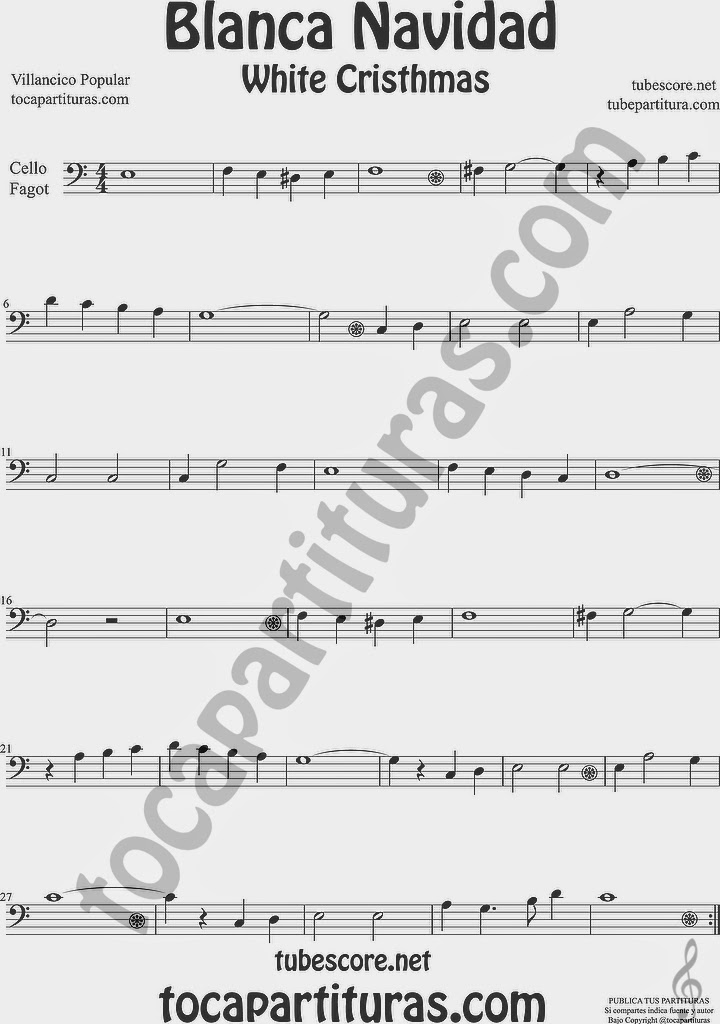 Blanca Navidad Partitura de Violonchelo y Fagot Sheet Music for Cello and Bassoon Music Scores Villancico White Christmas Carol Song
