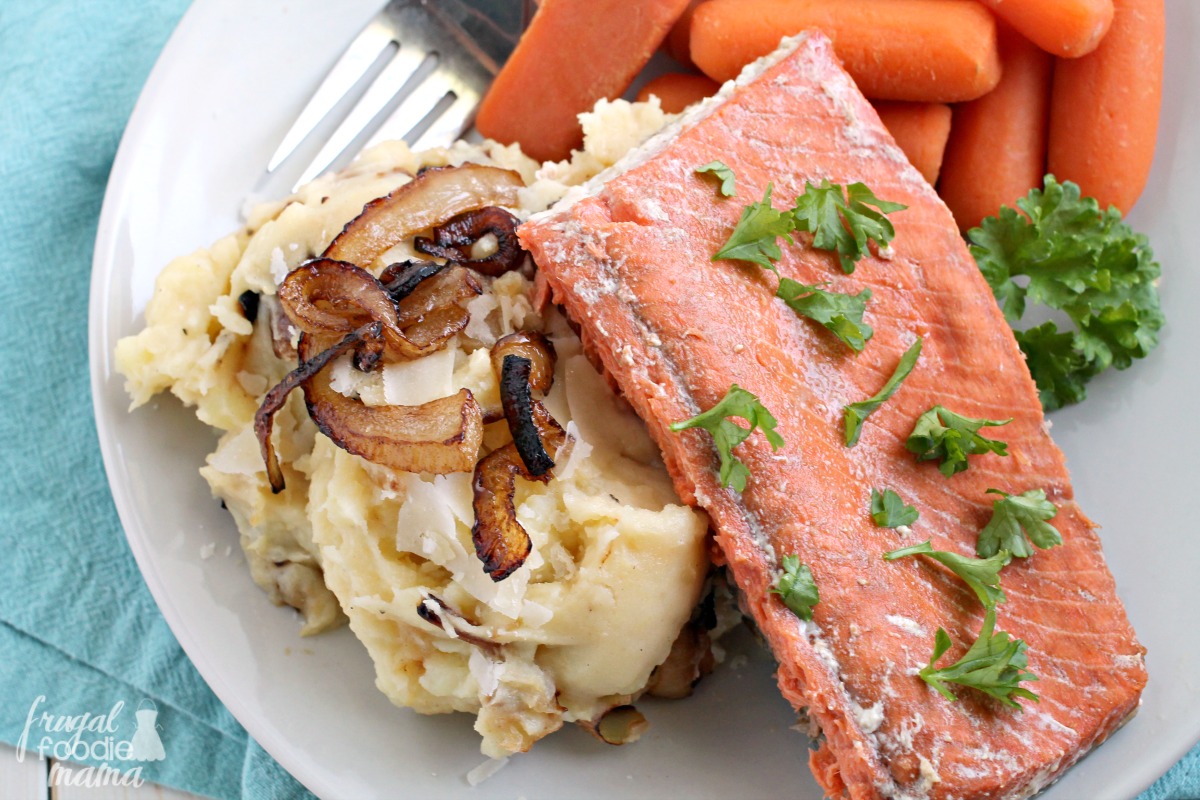 Frugal Foodie Mama Sweet Bourbon Salmon with Caramelized Onion