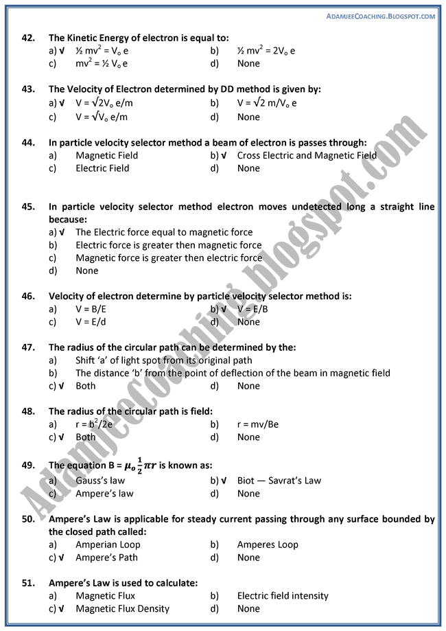 Adamjee Coaching XII Physics MCQS and